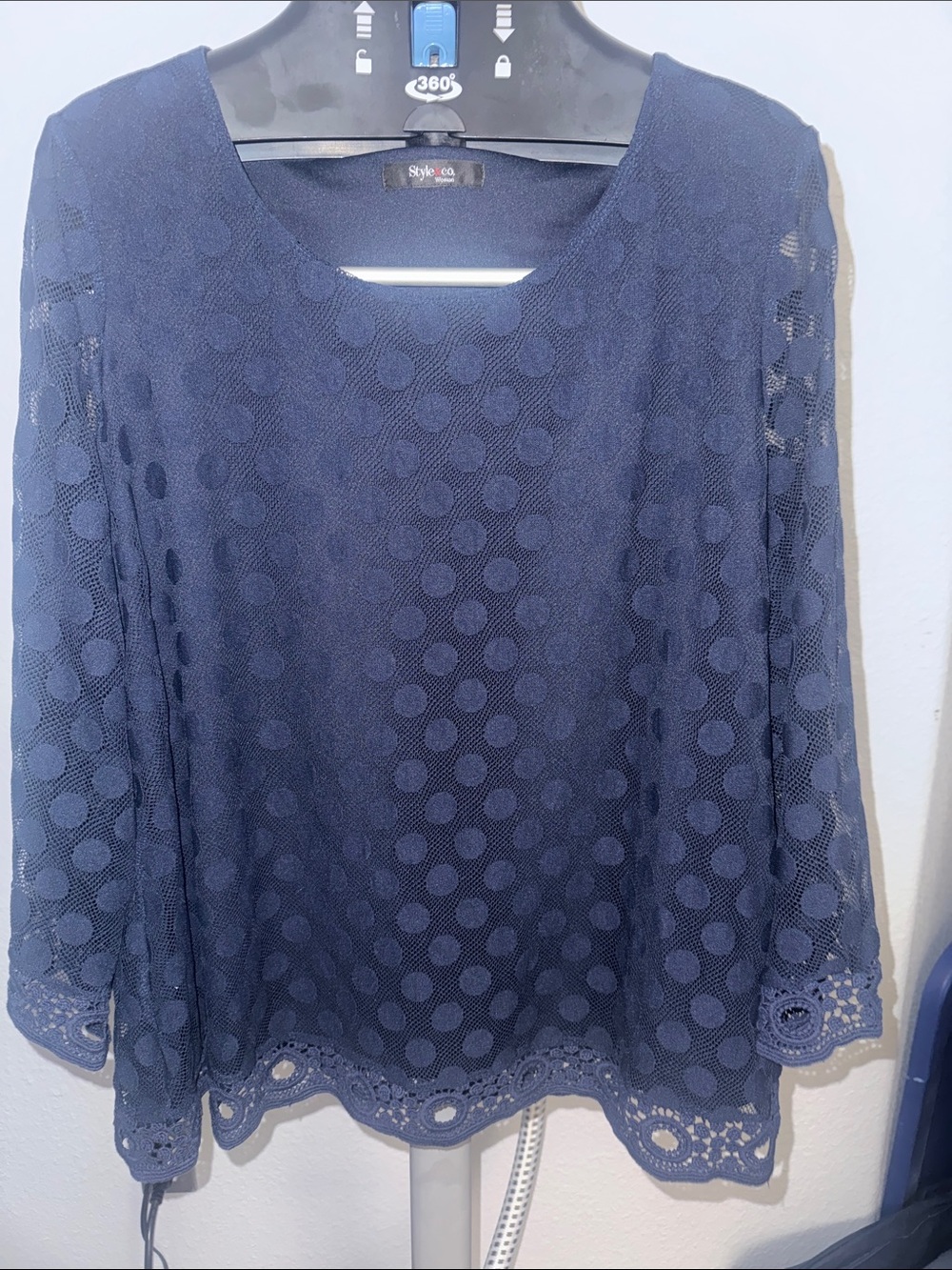 Style & Co. Navy Dot Lace Crochet-Hem Blouse